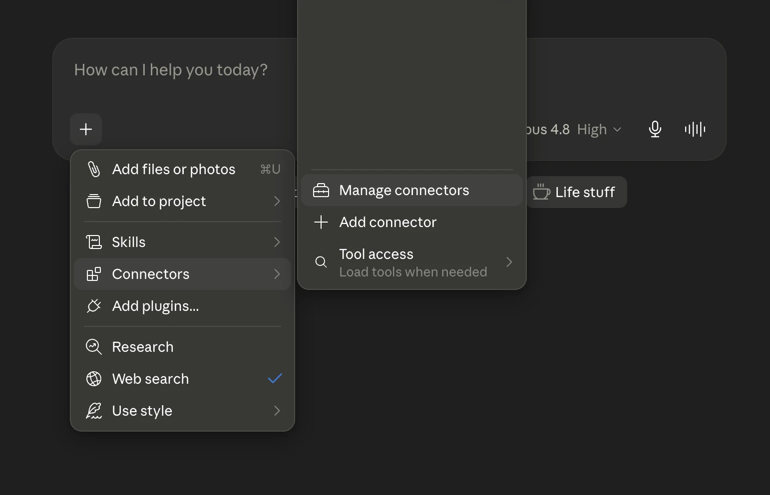 Claude chat composer with the plus menu open, showing the Connectors submenu and Manage connectors option