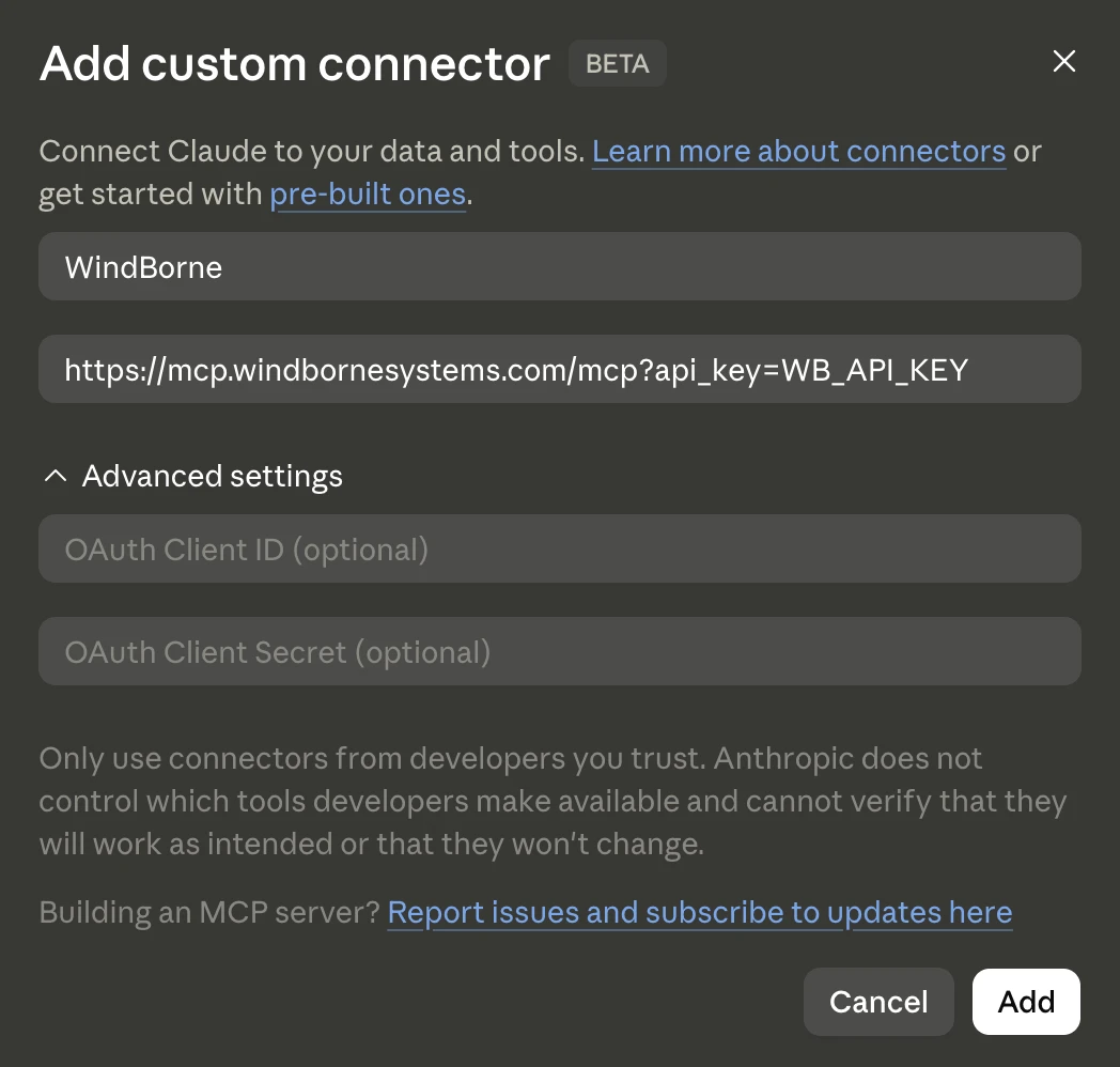 Add custom connector dialog with WindBorne name and the MCP URL filled in