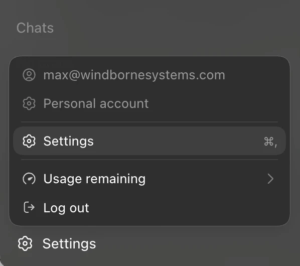 Codex sidebar menu showing the Settings option