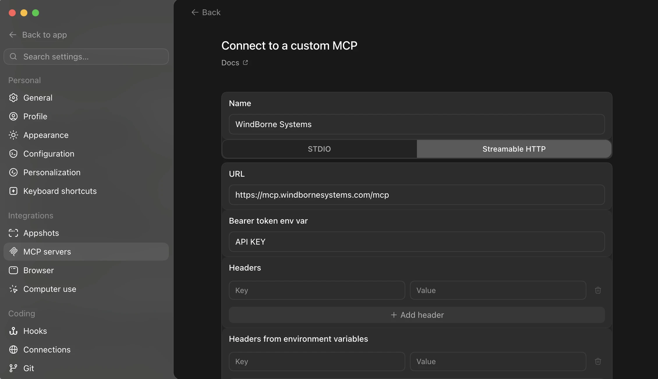 Codex Connect to a custom MCP form with Streamable HTTP selected, URL filled in, and Bearer token env var set