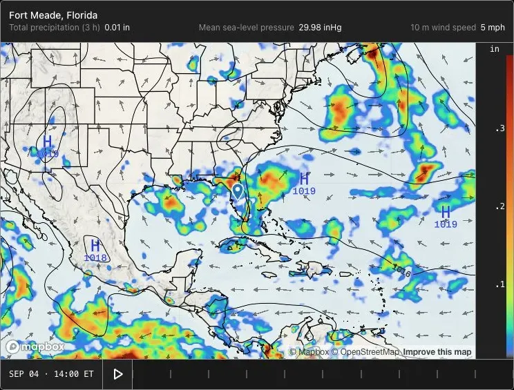 Forecast map centered on Florida with precipitation, pressure, wind, and playback controls
