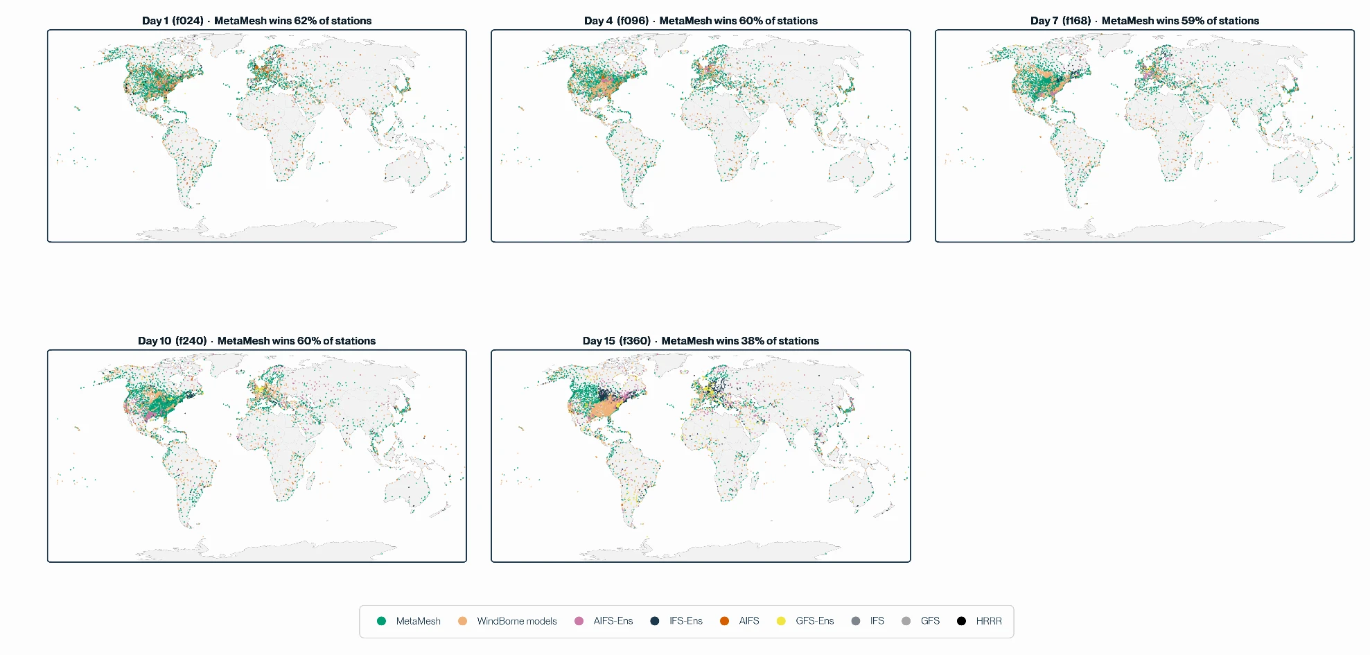 METAR stations colored by best-performing model across lead times